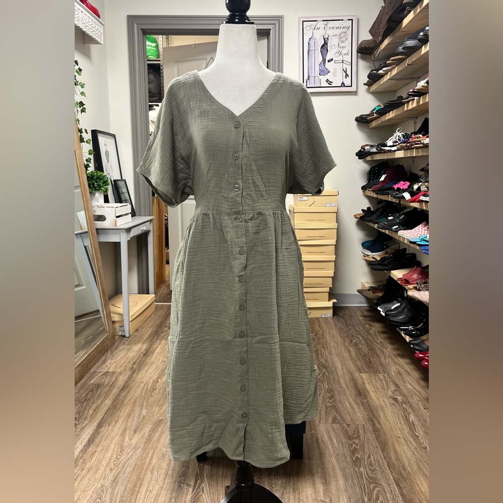 Olive Button-Down Midi Dress
